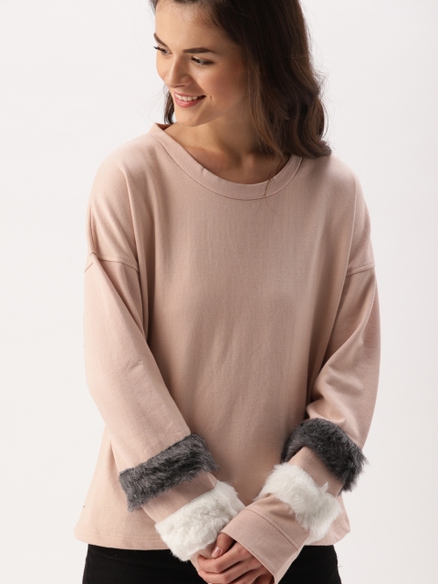 

DressBerry Women Peach-Coloured Solid Fur Sweatshirt