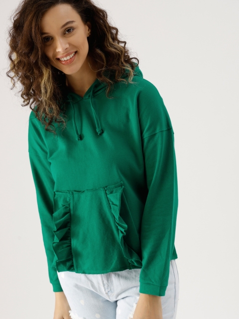 

DressBerry Women Green Solid Hooded Sweatshirt
