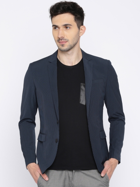 

Jack & Jones Navy & Black Striped Single-Breasted Casual Blazer, Navy blue