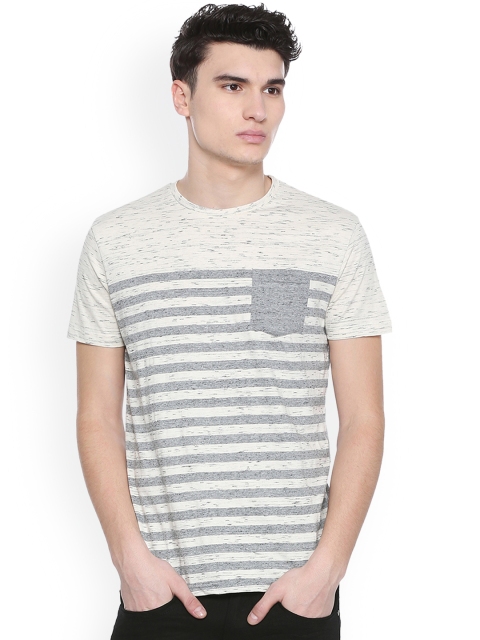 

People Men Grey Striped Round Neck T-shirt