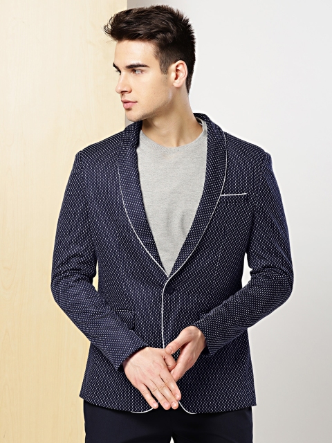 

INVICTUS Men Navy & White Self-Design Slim Fit Single-Breasted Smart Casual Blazer, Navy blue