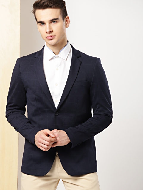 

INVICTUS Men Navy Blue Checked Slim Fit Single-Breasted Smart Casual Blazer