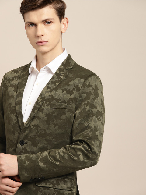 

INVICTUS Men Olive Green Camouflage Printed Slim Fit Single-Breasted Blazer