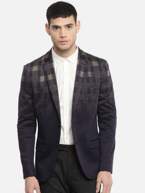 

INVICTUS Men Navy Blue & Brown Printed Slim Fit Single-Breasted Blazer