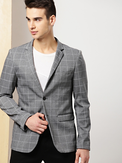 

INVICTUS Men Grey Checked Slim Fit Single-Breasted Casual Blazer