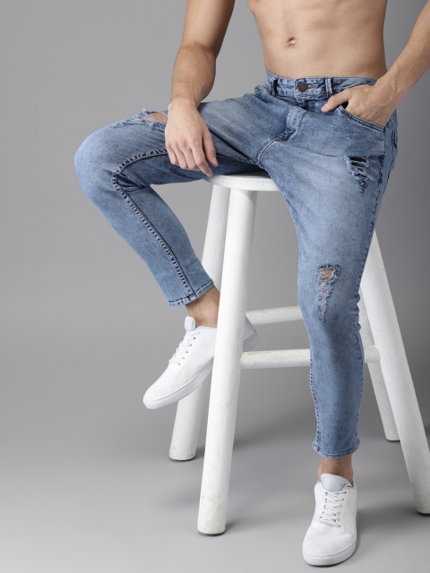 

HERE&NOW Men Blue Slim Fit Mid-Rise Mildly Distressed Stretchable Cropped Jeans