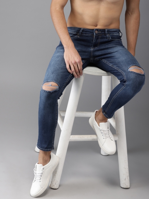 

HERE&NOW Men Blue Slim Fit Mid-Rise Slash Knee Stretchable Cropped Jeans
