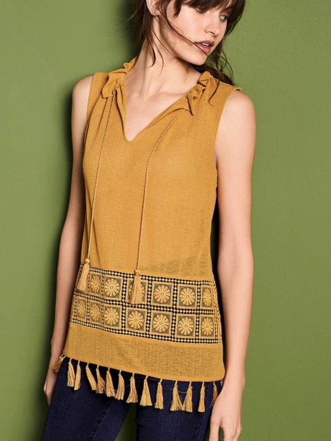 

next Women Mustard Solid V-Neck Fringes T-shirt