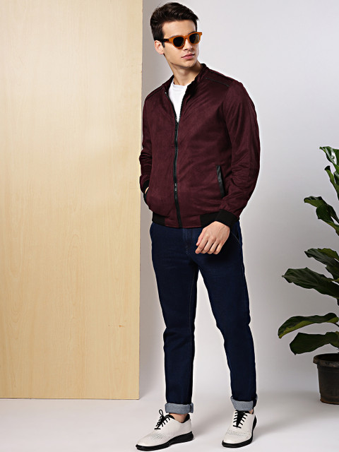 

INVICTUS Men Burgundy Solid Suede Bomber