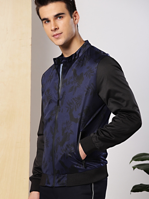 

INVICTUS Men Navy & Black Printed Bomber, Navy blue