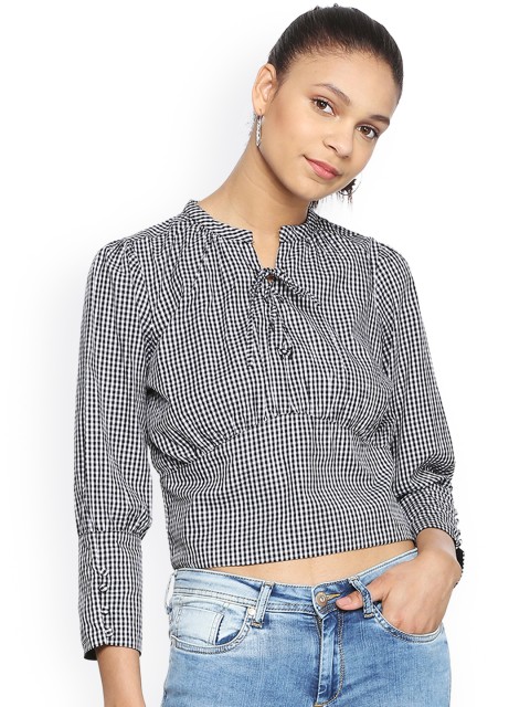 

People Women Black Checked Pure Cotton Top