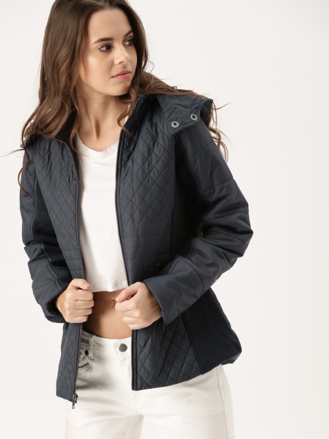 

DressBerry Women Navy Blue Solid Quilted Jacket