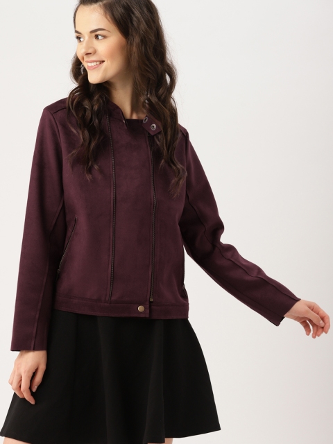 

DressBerry Women Burgundy Solid Biker Jacket