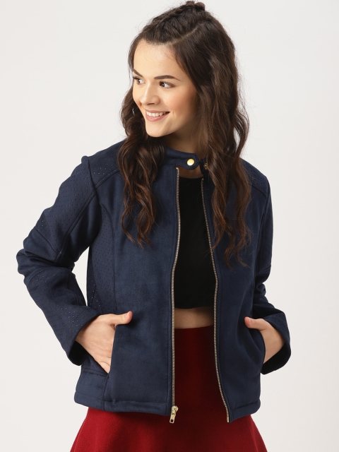 

DressBerry Women Navy Blue Solid Biker Jacket