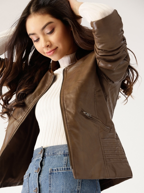 

DressBerry Women Brown Solid Biker Jacket