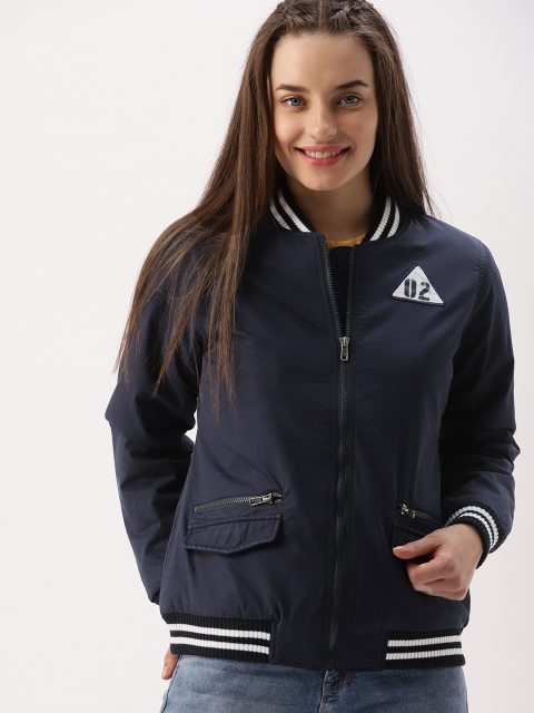 

DressBerry Women Navy Blue Solid Bomber