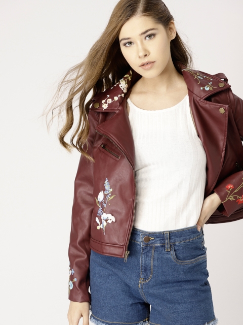 

DressBerry Women Burgundy Embroidered Asymmetric Closure Biker Jacket