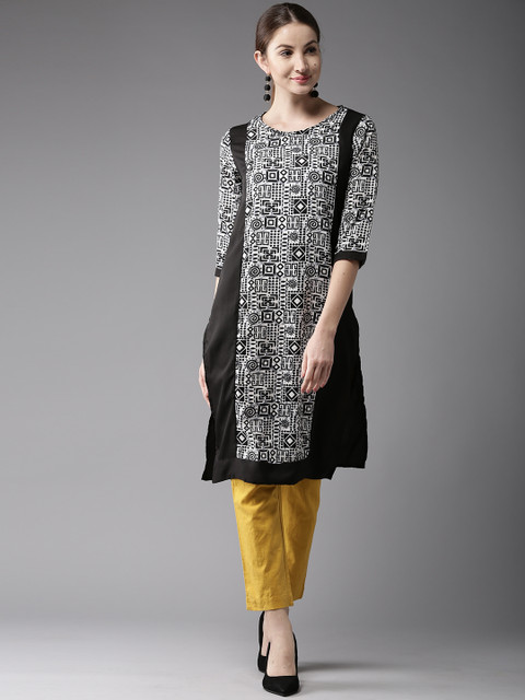 

HERE&NOW Women Black & White Printed Straight Kurta
