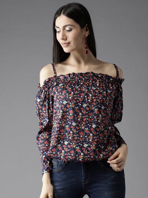 

HERE&NOW Women Navy Blue & Red Floral Print Bardot Top