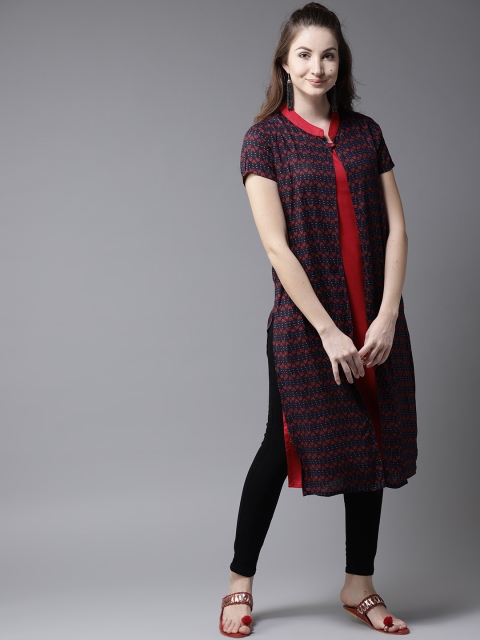 

HERE&NOW Women Navy Blue & Red Printed Straight Kurta