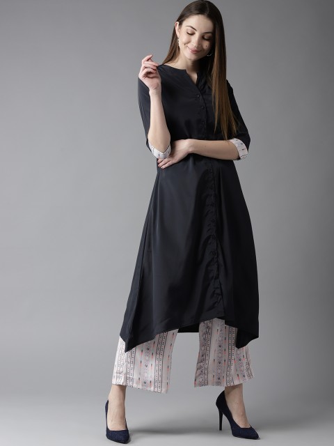 

HERE&NOW Women Navy Blue & Pink Solid Kurta with Palazzos
