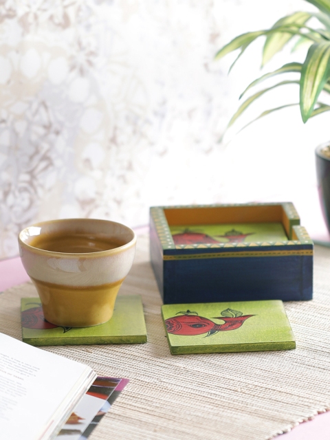 

VarEesha Set of 6 Green & Blue Hand-Painted Wooden Coasters