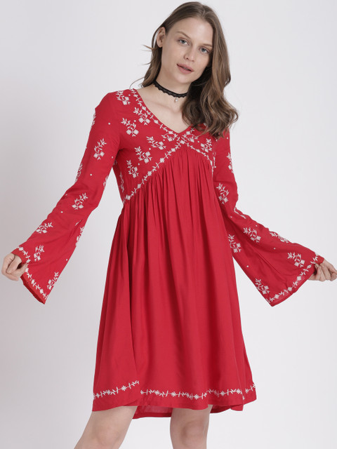 

Splash Women Red Embroidered A-Line Dress