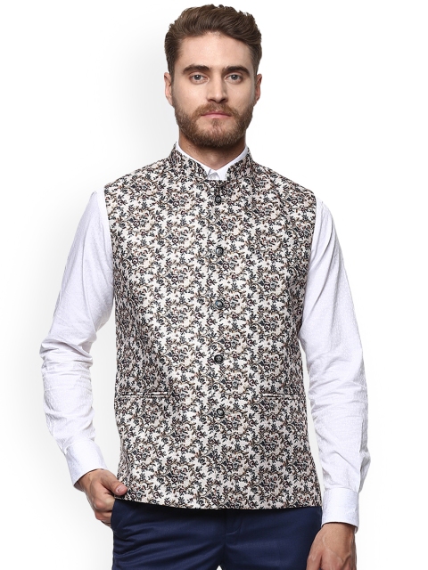 

Routeen Men Beige Slim Fit Printed Casual Waistcoat