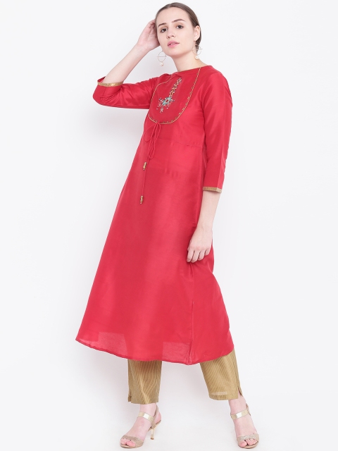 

Shakumbhari Women Red Embroidered A-Line Kurta