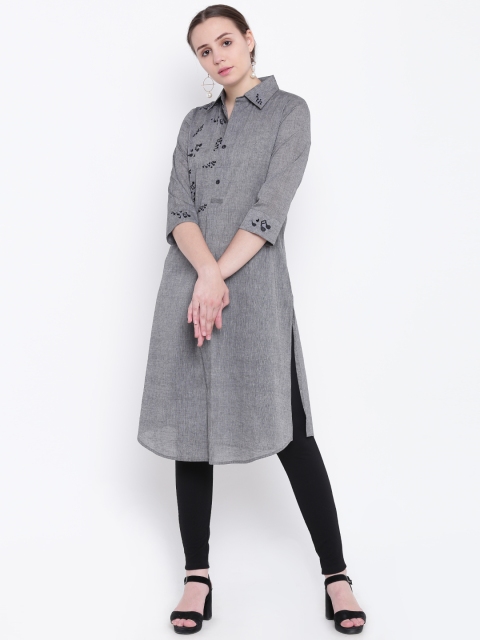 

Shakumbhari Women Grey Embroidered A-Line Kurta