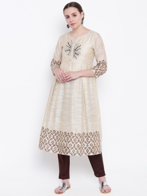 

Shakumbhari Women Cream-Coloured Embellished A-Line Kurta