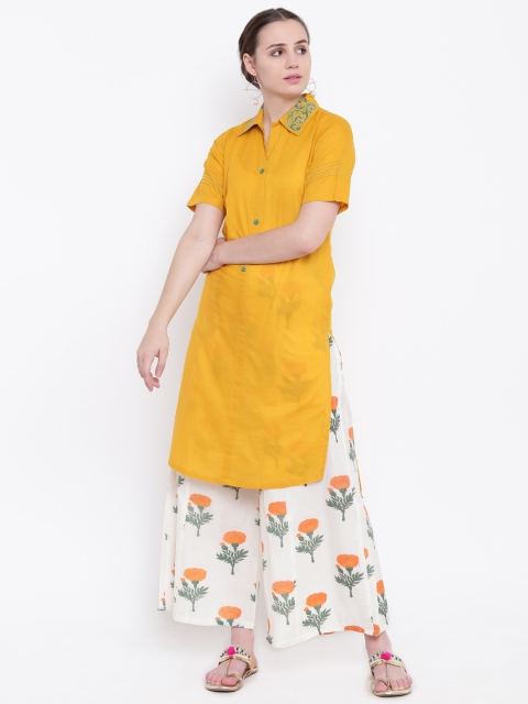 

Shakumbhari Women Yellow Embroidered Straight Kurta