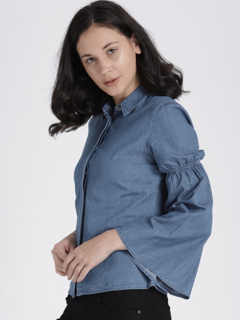 

Chemistry Women Blue Solid Denim Shirt Style Top