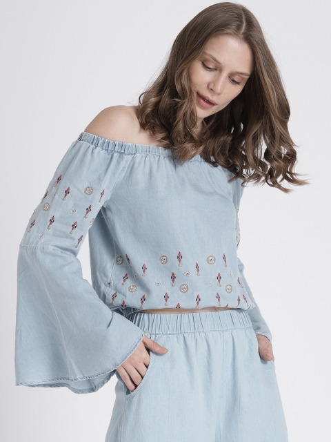 

Splash Women Blue Self Design Bardot Top