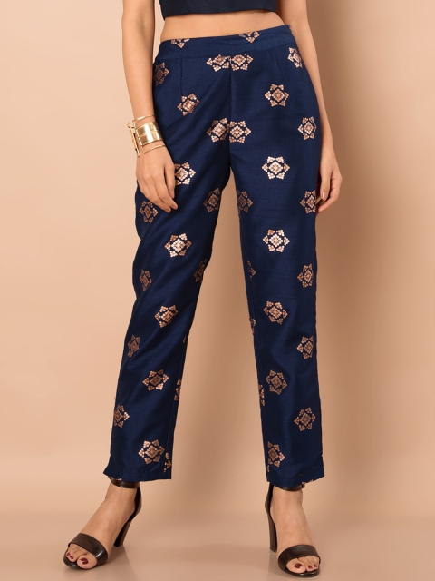 

INDYA Women Navy Blue Slim Fit Printed Parallel Trousers