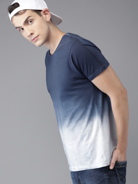 

HERE&NOW Men Blue Ombre-Dyed Round Neck T-shirt