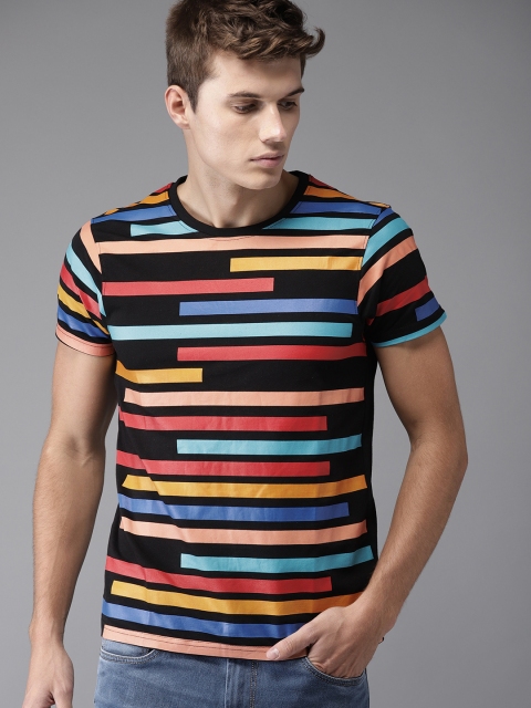 

HERE&NOW Men Black & Red Striped Round Neck T-shirt