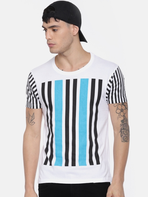 

HERE&NOW Men White & Blue Striped Round Neck T-shirt