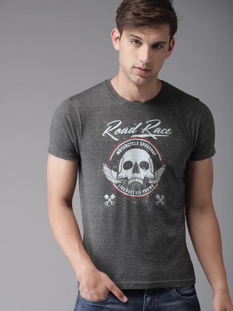 

HERE&NOW Men Charcoal Grey Printed Round Neck T-shirt