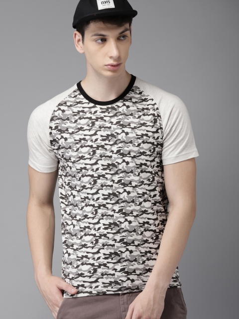 

HERE&NOW Men Beige & Black Printed Round Neck T-shirt