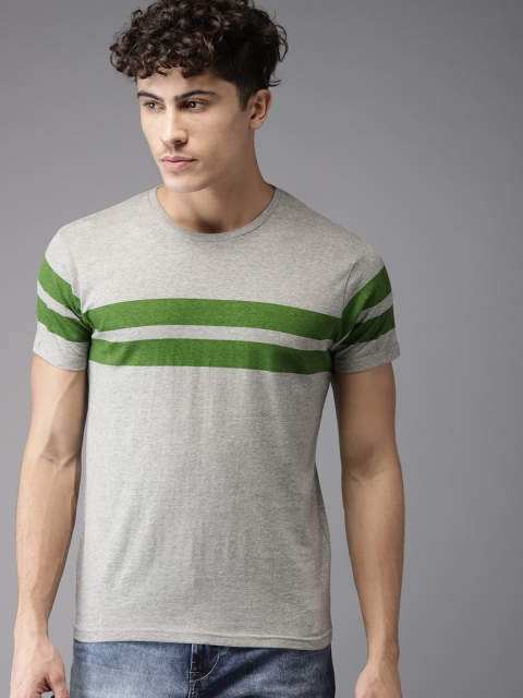 

HERENOW Men Grey Green Striped Round Neck Pure Cotton T-shirt