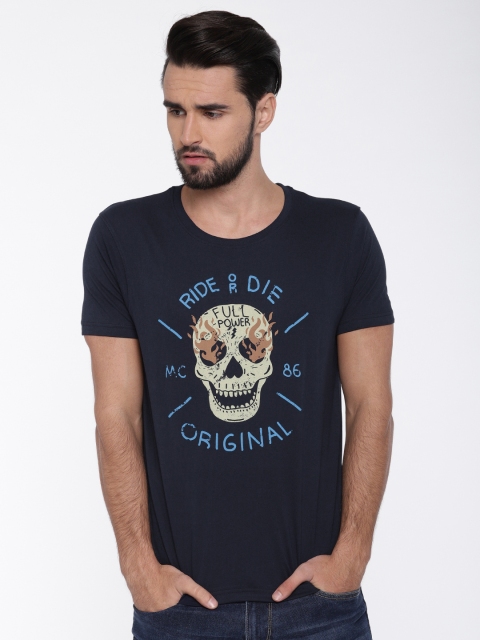 

HERENOW Men Navy Blue Printed Round Neck Pure Cotton T-shirt