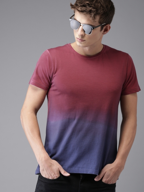 

HERE&NOW Men Pink & Blue Dyed Round Neck T-shirt