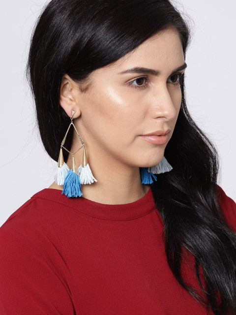 

OOMPH Blue & Gold-Toned Contemporary Tasselled Drop Earrings