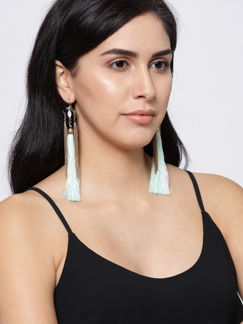 

OOMPH Sea Green & Antique Gold-Toned Contemporary Tasselled Drop Earrings