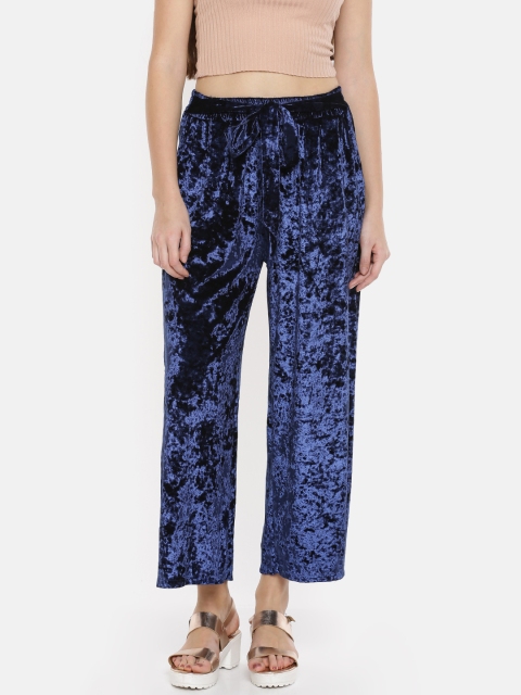 

Splash Women Navy Blue Regular Fit Solid Trousers With Velvet Finish