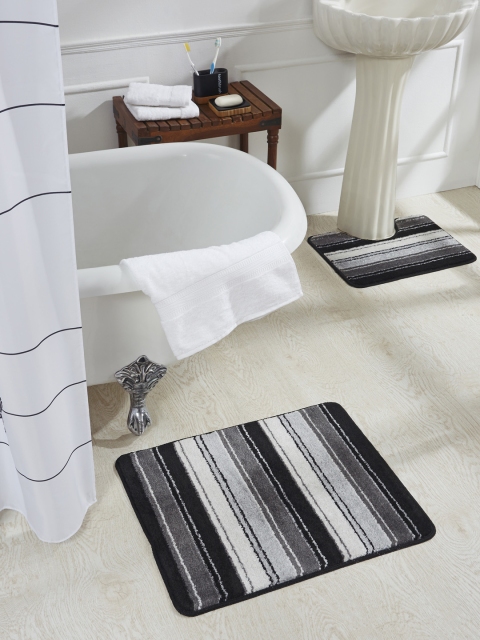 

Obsession Grey & White Striped Set Of 2 Polyester Rectangular Bath Rugs, Black