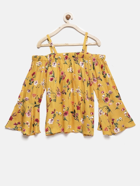 

YK Girls Mustard Yellow Printed Cold-Shoulder Top