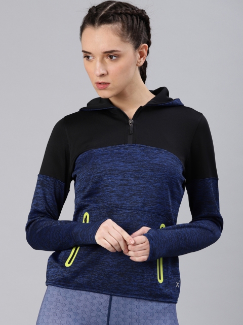 

HRX by Hrithik Roshan Women Navy Blue & Black Colourblocked Hooded Sweatshirt