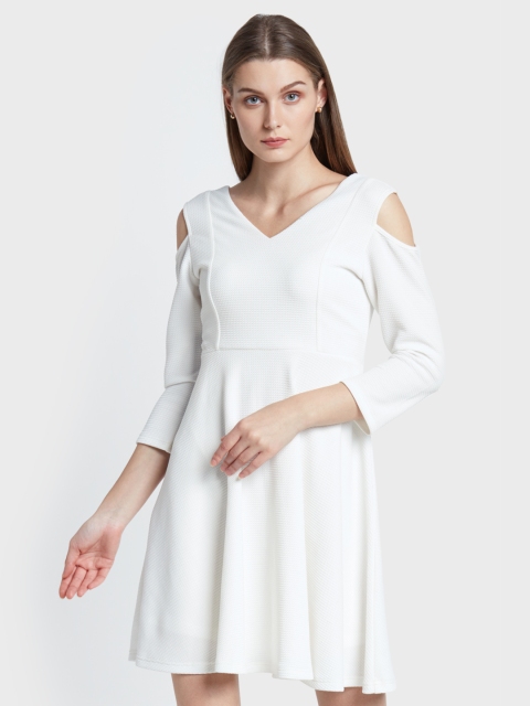 

AND Women White Self Design A-Line Dress